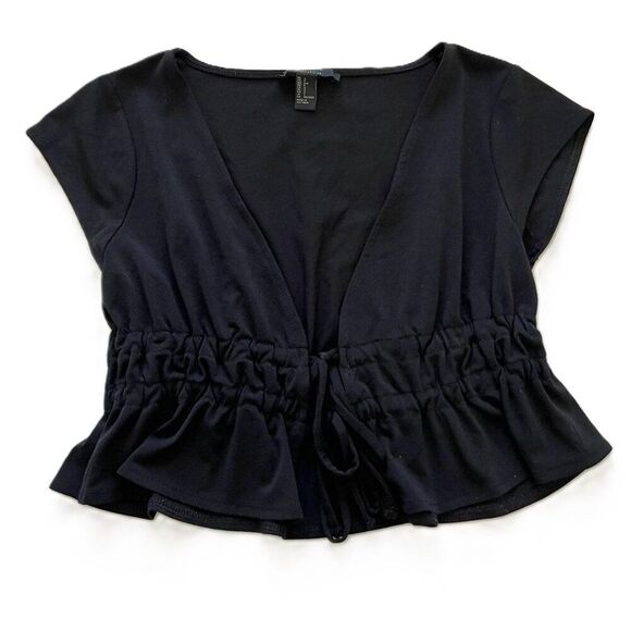 Crop Top Black Peplum Tie Front Babydoll Short Sleeve FOREVER 21 Womens Medium - Picture 8 of 10